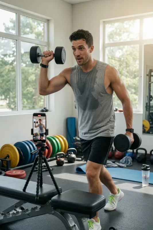 A man in a gray tank top lifts a dumbbell in a bright gym while a phone on a tripod records him.