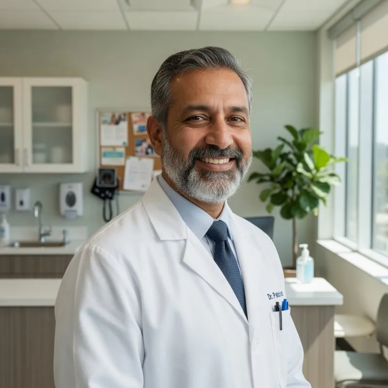 Dr. Rohan Mehta, a smiling physician with a gray beard in a white coat, standing in a bright clinic.