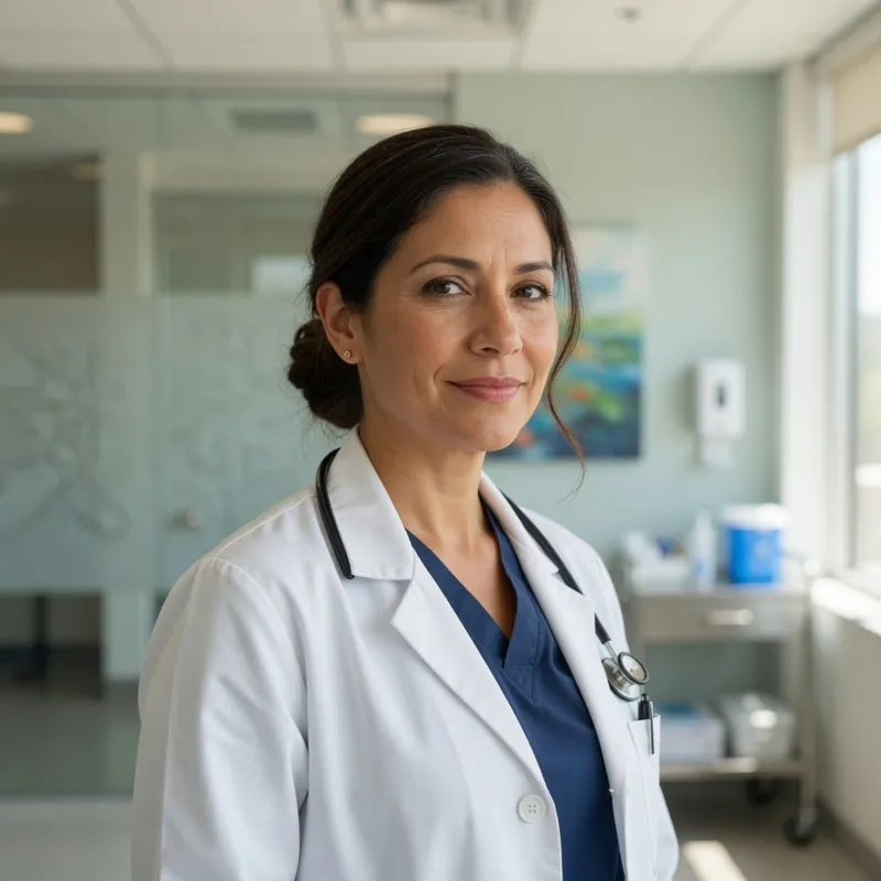 Dr. Elena Ruiz, a physician with dark hair pulled back, in a white coat with a stethoscope.
