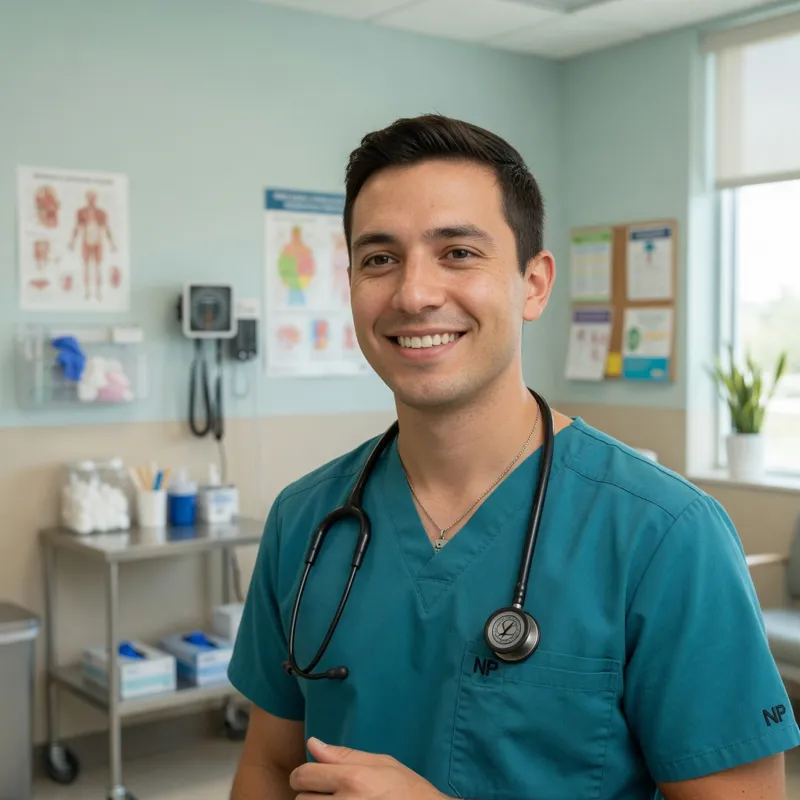 Daniel Brooks, a nurse practitioner in teal scrubs with a stethoscope, smiling in an exam room.