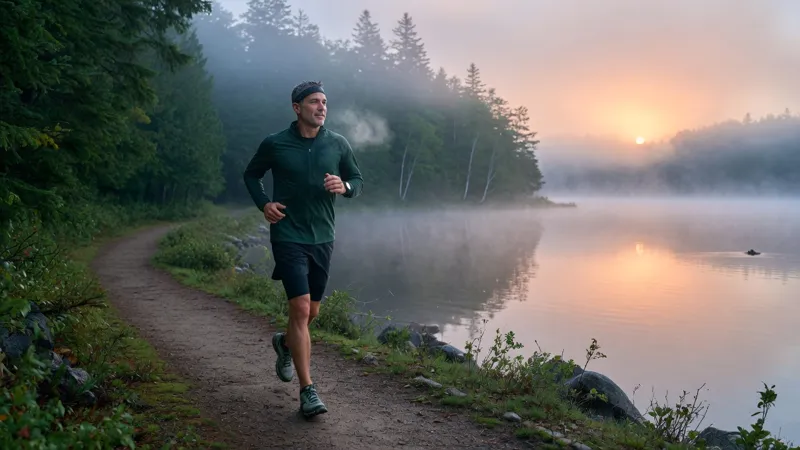 A man running a lakeside trail at sunrise