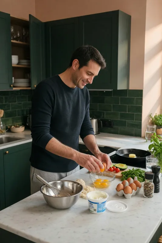 A man cracks eggs into a bowl in a green-tiled kitchen, with tomatoes and herbs on the counter.