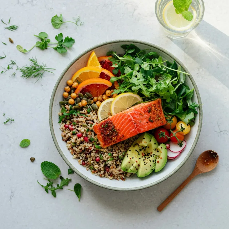 Overhead view of a salmon grain bowl with avocado and greens.
