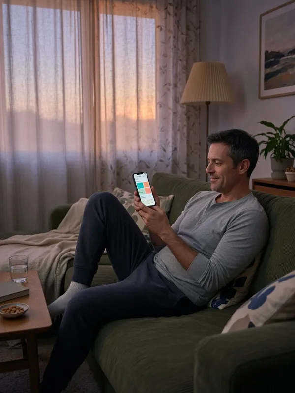 A man relaxes on a sofa at dusk, checking a health app on his phone.