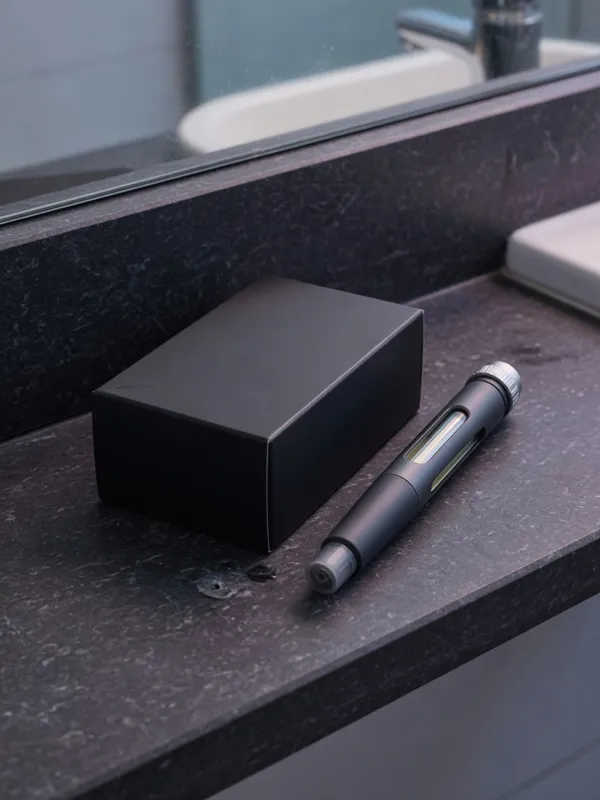 An unbranded black box and a gray injection pen resting on a dark stone bathroom shelf.