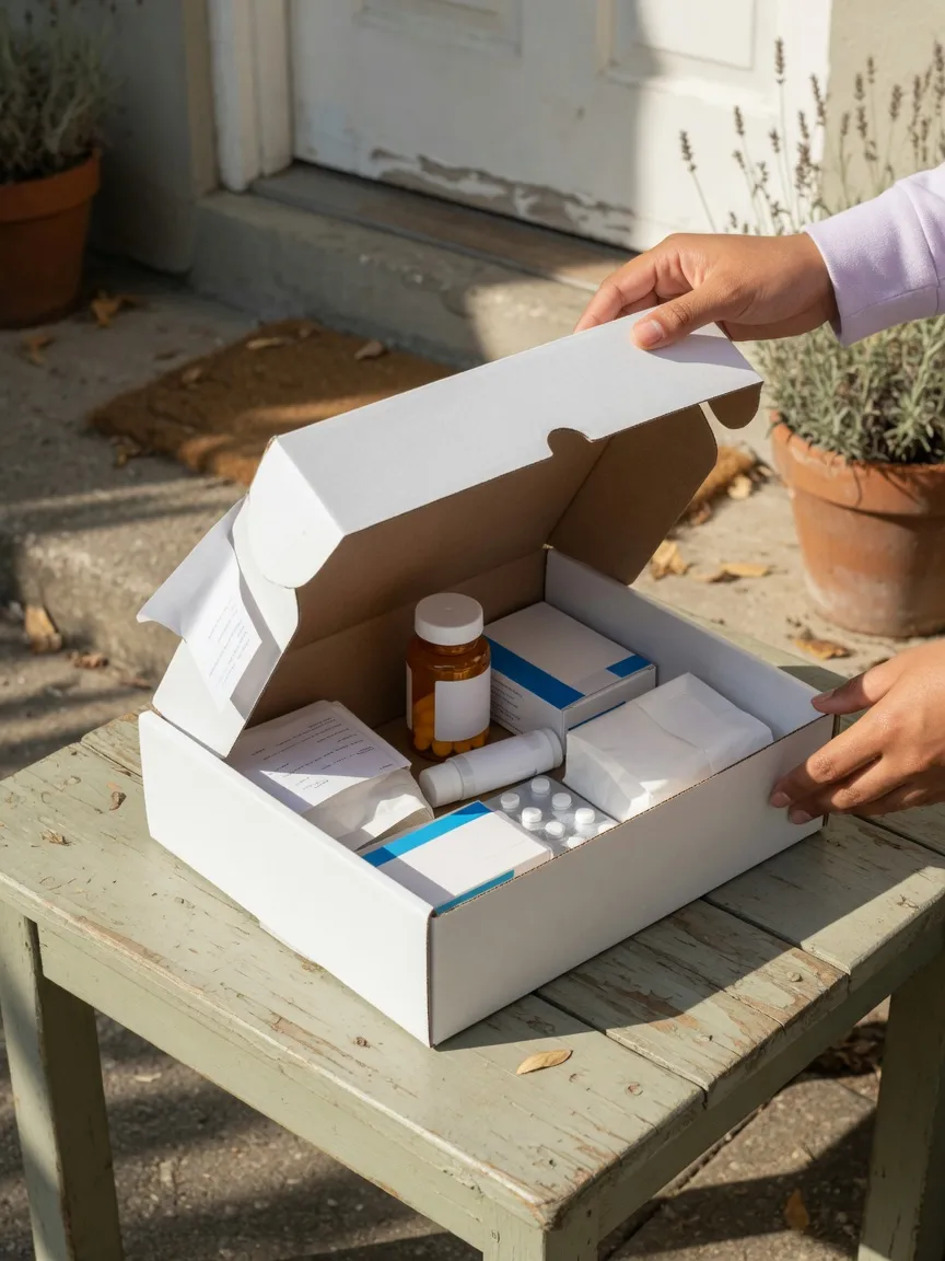 Hands opening a plain white delivery box on a porch table, with an unbranded package and supplies inside
