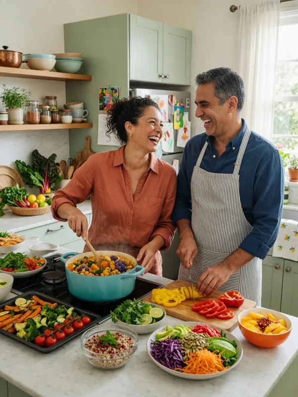 A couple laughing while cooking a colorful vegetable dinner together in a bright kitchen