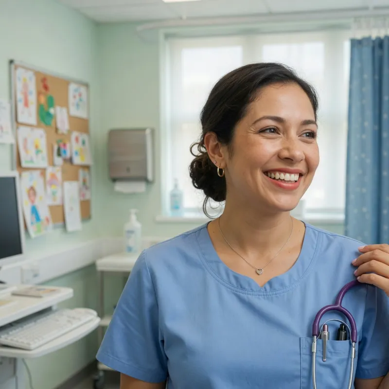 Maya Torres, a smiling nurse practitioner in blue scrubs with a stethoscope in her pocket