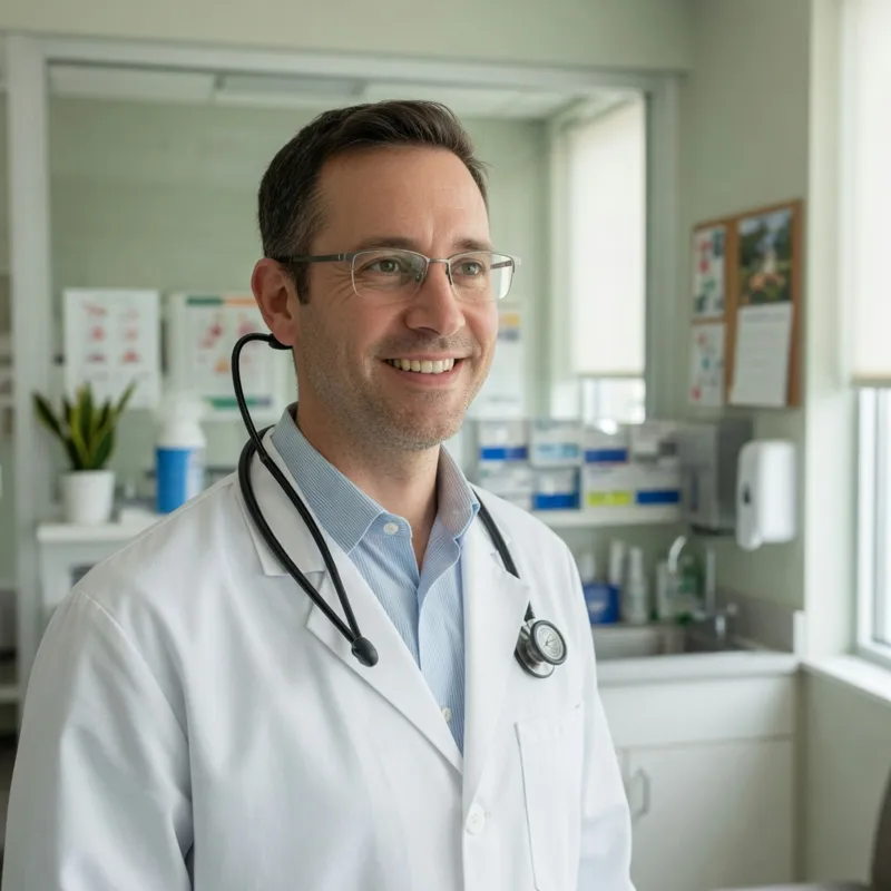 Dr. James Holloway, a physician with glasses and a stethoscope, smiling in a white coat