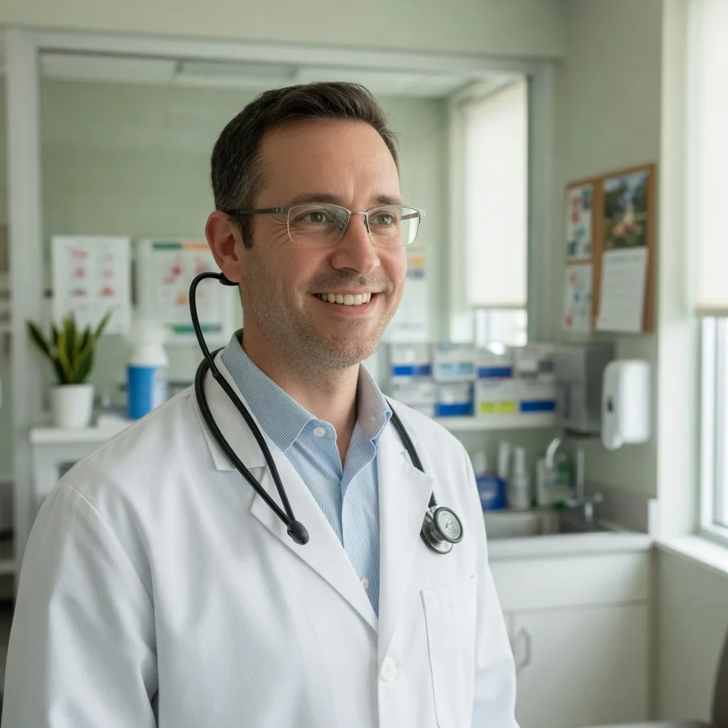 Dr. James Holloway, a physician in a white coat with a stethoscope, smiling