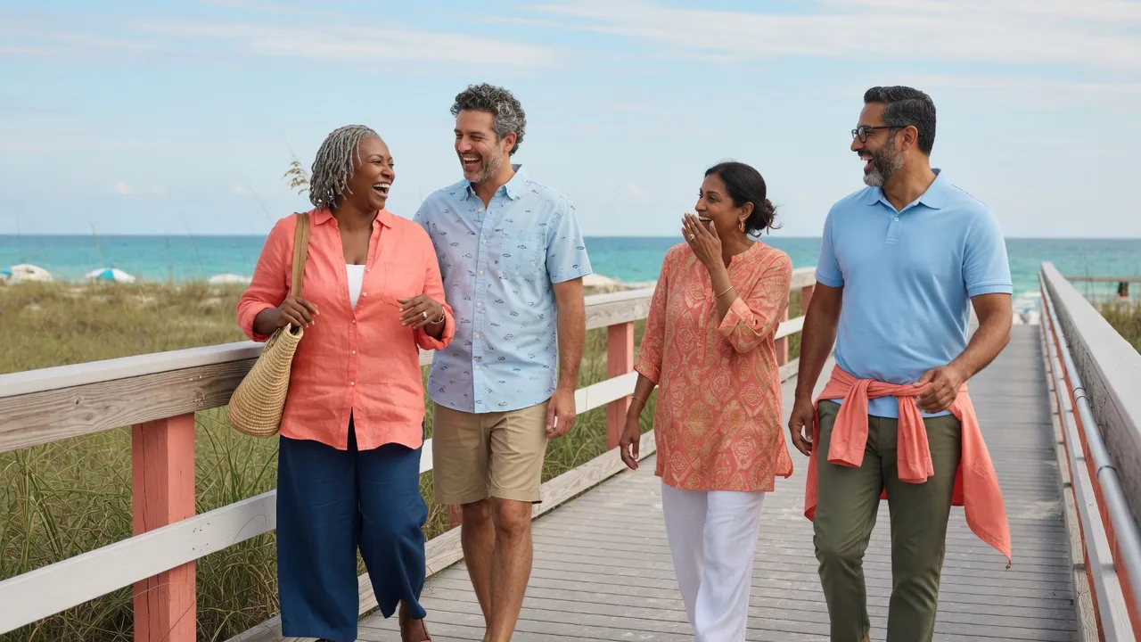 Four friends laughing as they walk along a beach boardwalk on a sunny day