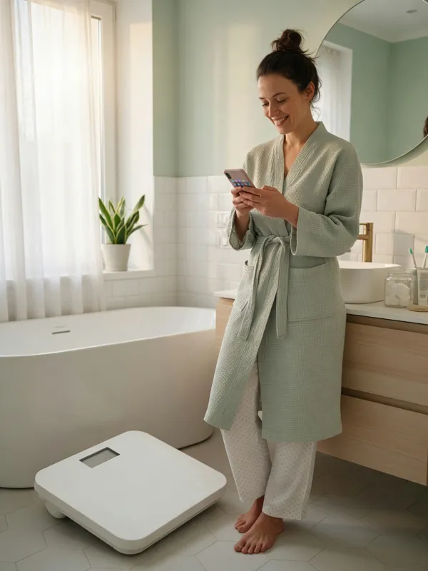 A woman in a robe smiling at her phone in a bright bathroom, with a white scale on the floor beside a tub