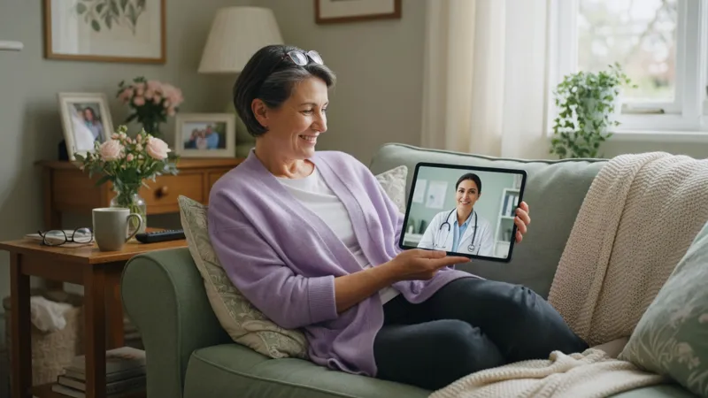 A woman on her couch smiling at a tablet showing a video visit with a clinician