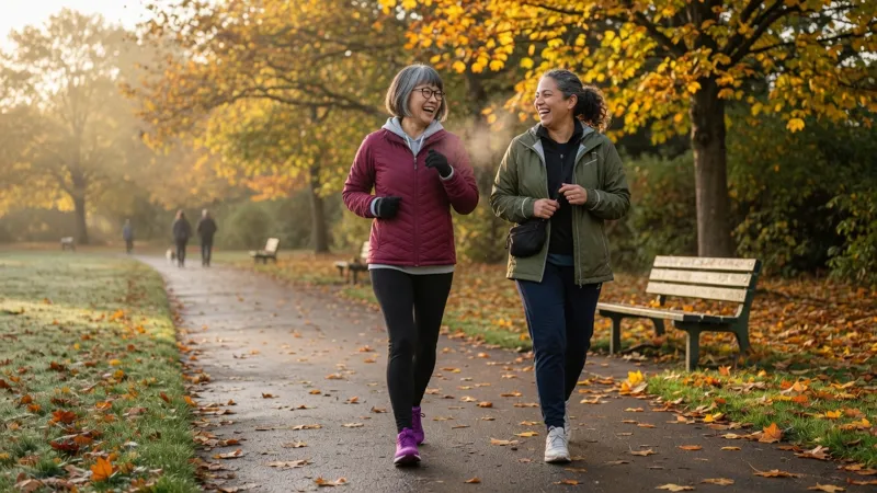 Two friends walking and laughing along a leaf-covered park path in the morning