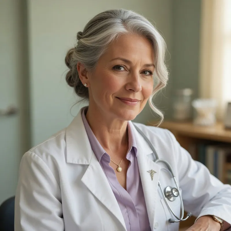 Dr. Helen Ward in a white coat with a stethoscope
