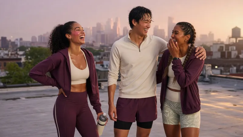 Friends laughing after a rooftop sunrise run