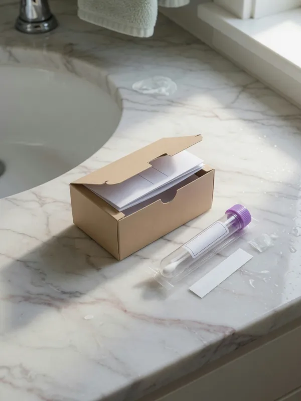 At-home lab kit box and sample tube on a marble bathroom counter