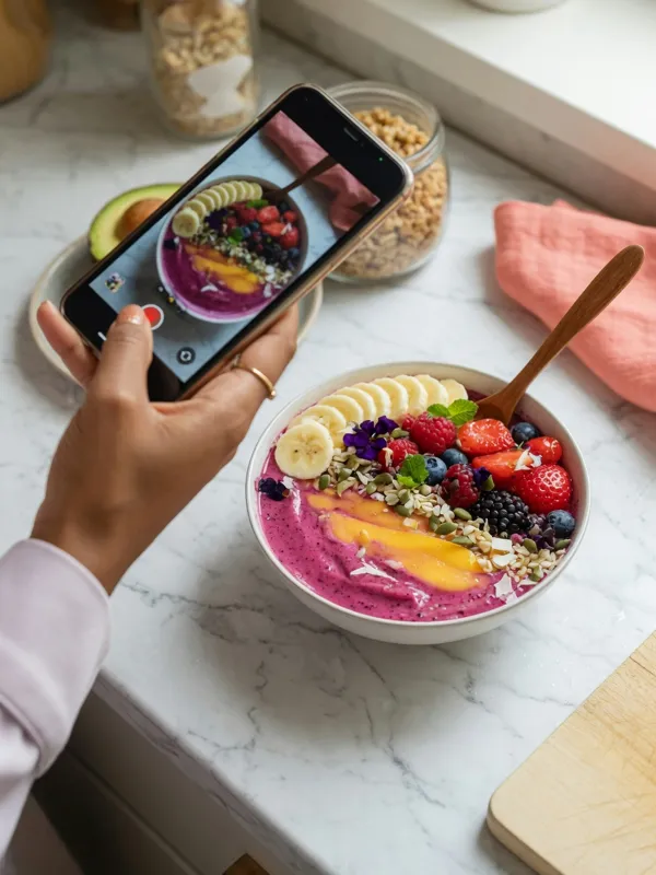 Hand photographing a smoothie bowl with a phone on a marble counter