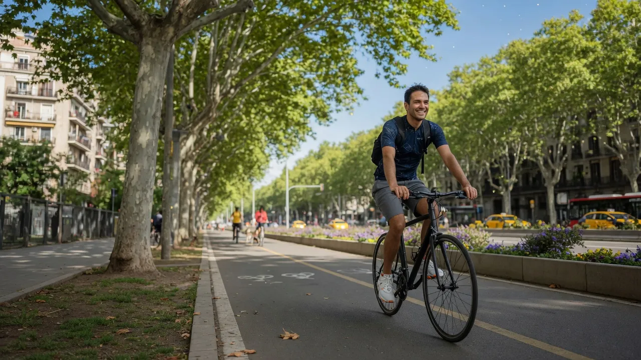 Man cycling down a tree-lined bike path on a sunny day