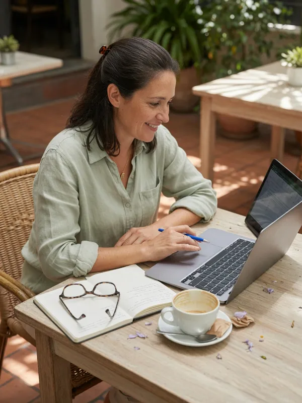 Laptop, notebook and a cappuccino on a sunny cafe table