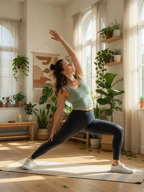 Woman stretching in a sunny living room full of plants